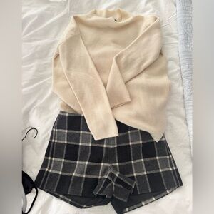 Theory: wool check shorts and winter white cashmere crew neck